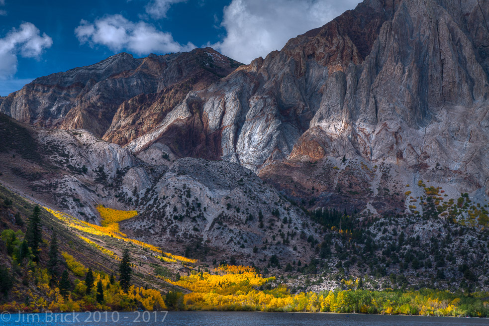 Early morning at Convict Lake. Laurel Mountain's Sevehah Cliff  rises behind the lake